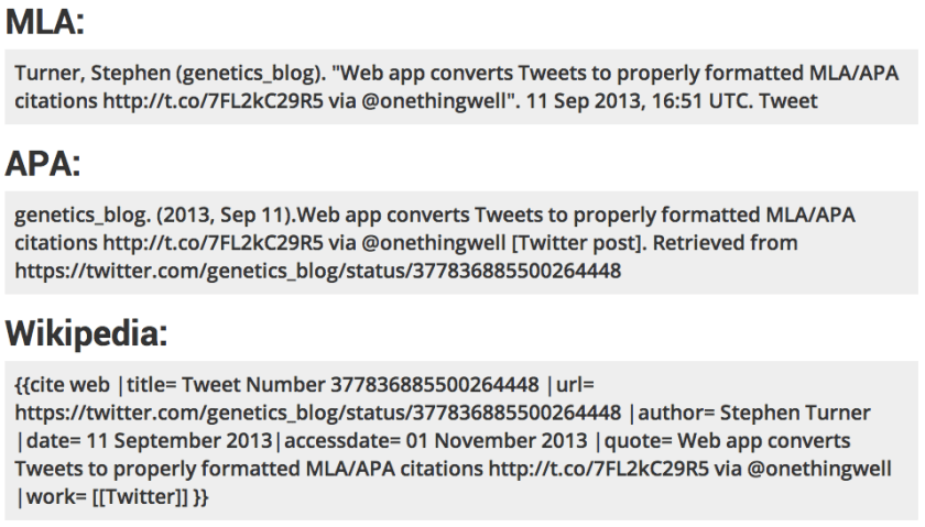 Screenshot of citations for Stephen Turner's tweet about Tweet2Cite generated using Tweet2Cite